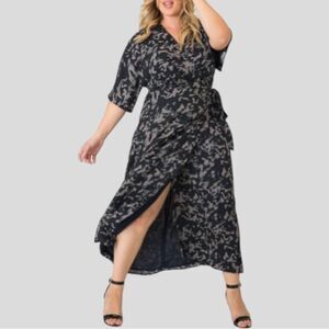 STANDARDS & PRACTICES Kimono Wrap Blue Camo Midi Dress 2X